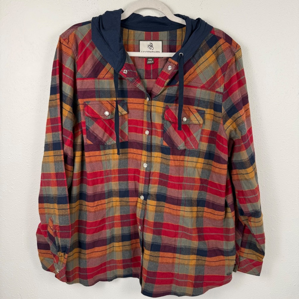 Legendary‎ Whitetails Mens XXL Hooded Flannel Shirt Plaid Button Down Red Orange